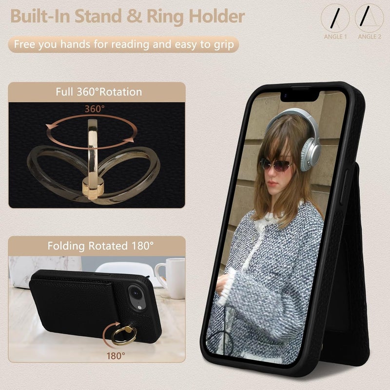 Keallce Case for iPhone 16e 6.1'', Detachable Crossbody Case Wallet with RFID Blocking Card Holder, 360ｰRing Stand, Folio Leather Phone Cover Shoulder Lanyard Strap Lady for iPhone 16e 2025, Black - Image 4